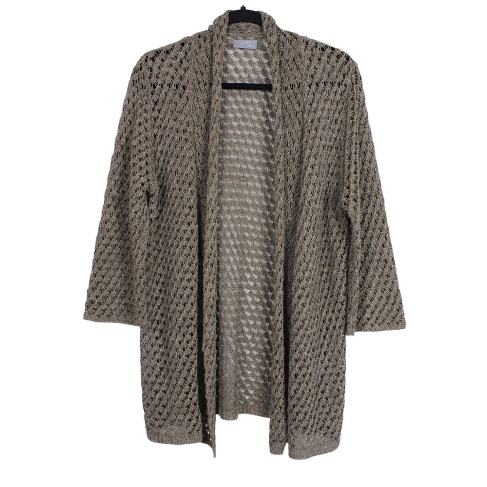 JANA Taupe Open Front Crochet Cardigan
